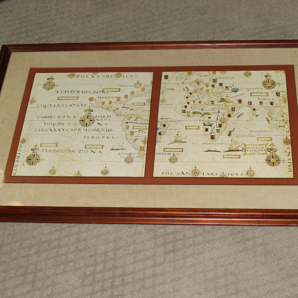 Large 38"x24" Decorative Neutral Colors Double Matted World Map in Spanish